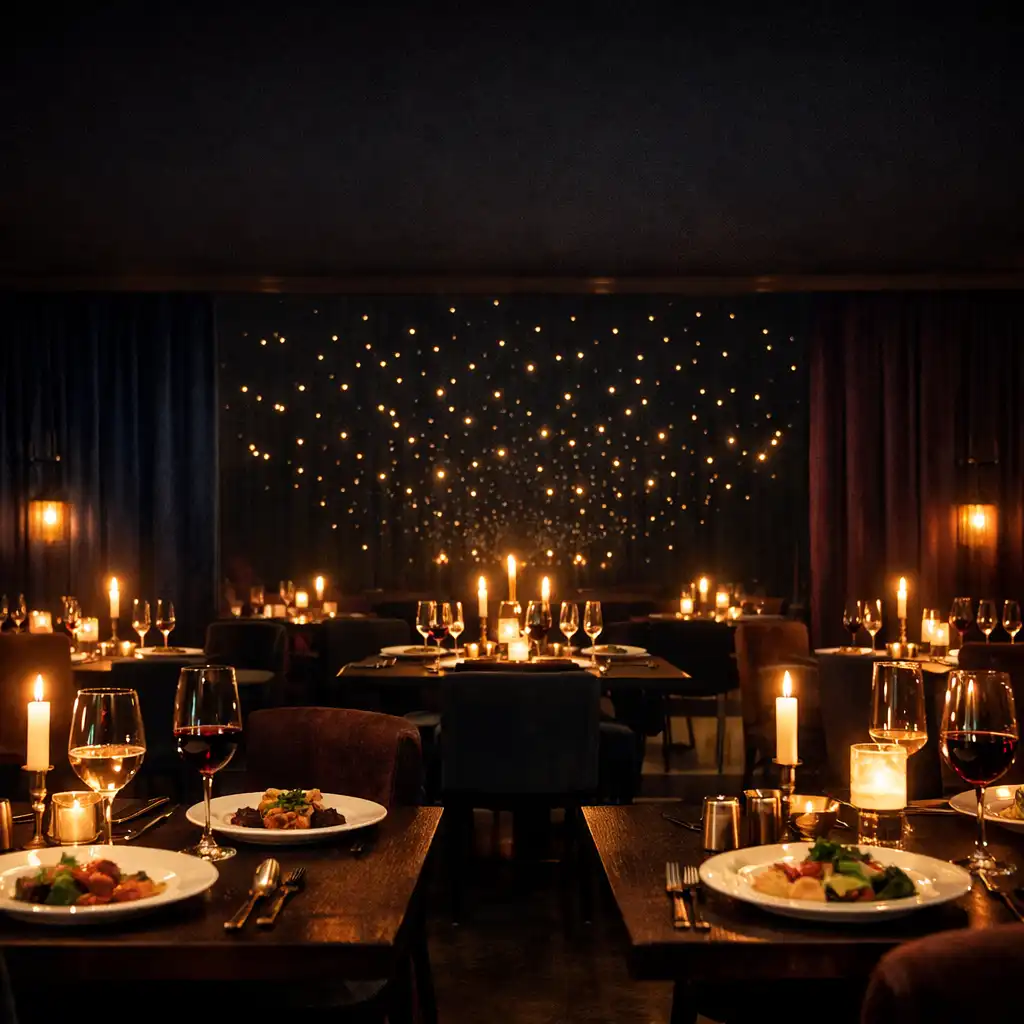 Interiér restaurace Culinary Gathering při svíčkách s teplým tlumeným světlem