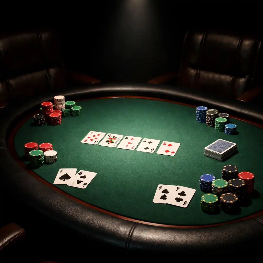 Pokerový stůl v odděleném salonku s dramatickým osvětlením a rozloženými kartami