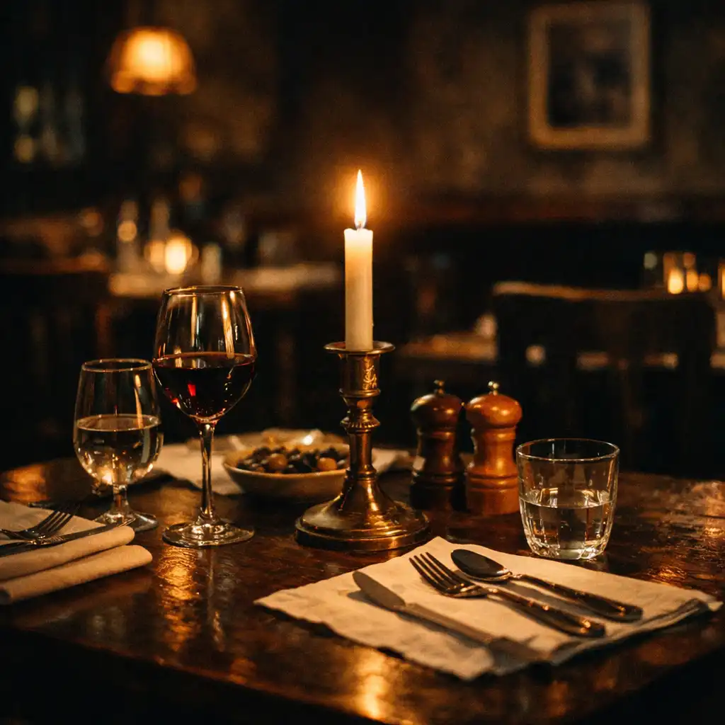 Detail prostřeného stolu se svíčkou v restauraci