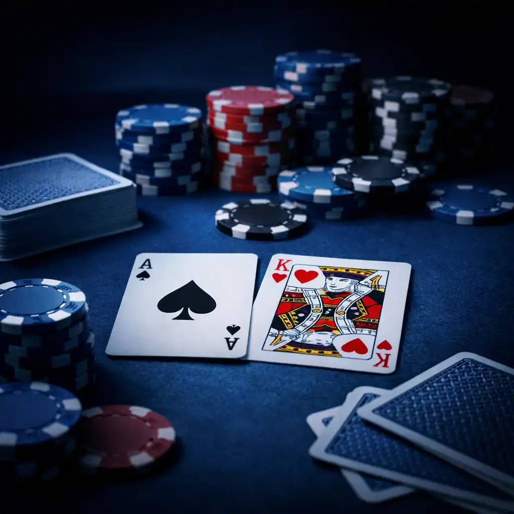 Detail pokerového stolu s kartami a žetony
