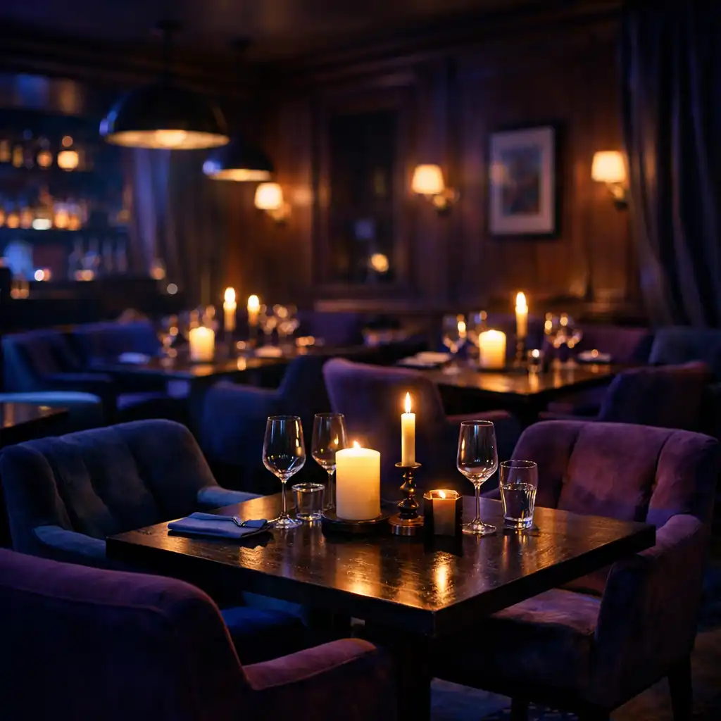 Interiér restaurace s tmavým dřevem, měkkým osvětlením a pohodlnými křesly