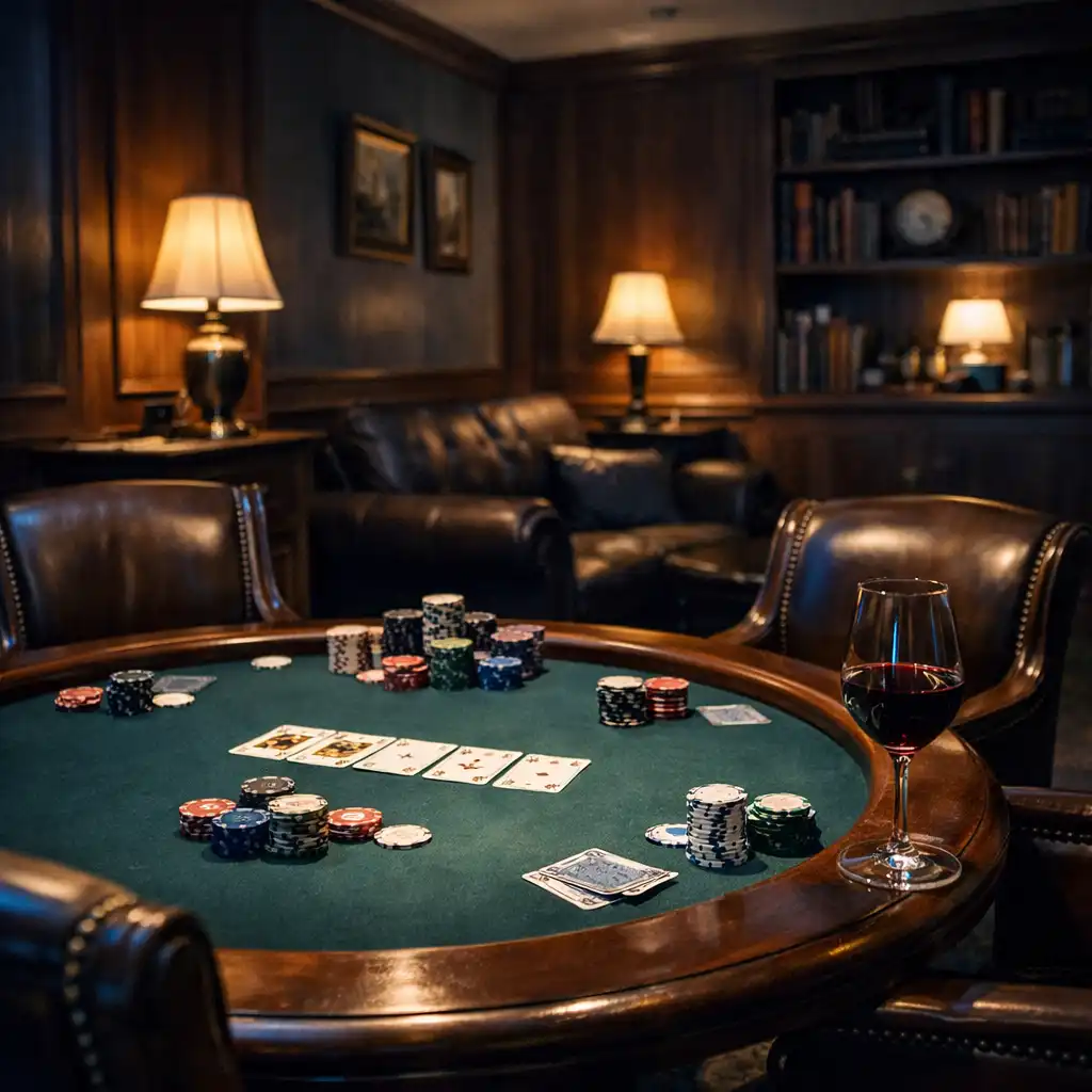 Komorní salonek s pokerovým stolem, tmavým dřevem a koženými křesly