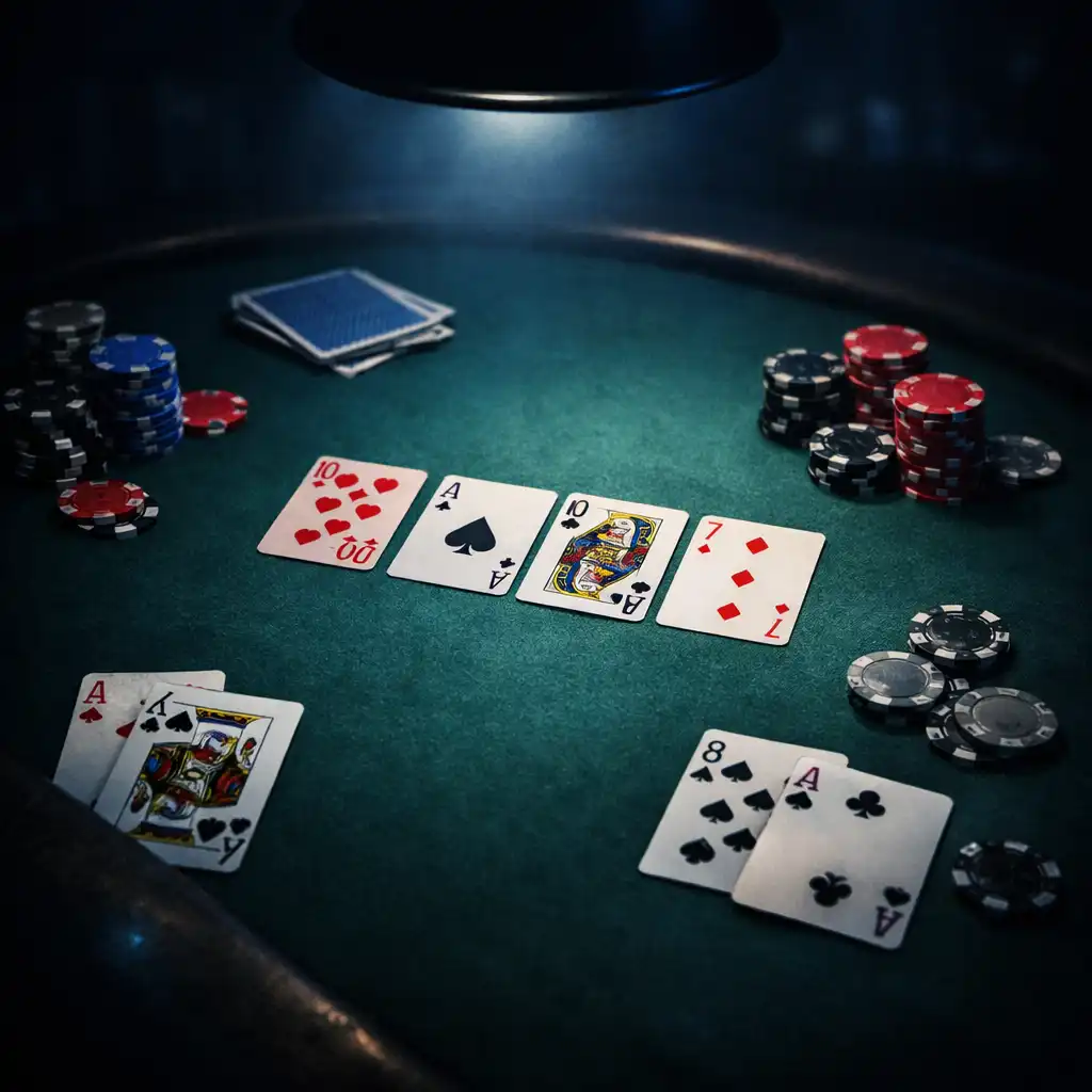 Pokerový stůl s kartami a žetony v tlumeném světle