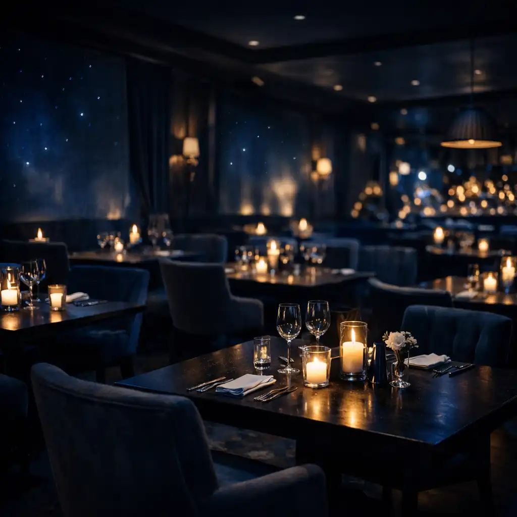 Elegantní interiér restaurace s tmavým dřevem, svíčkami a intimním osvětlením