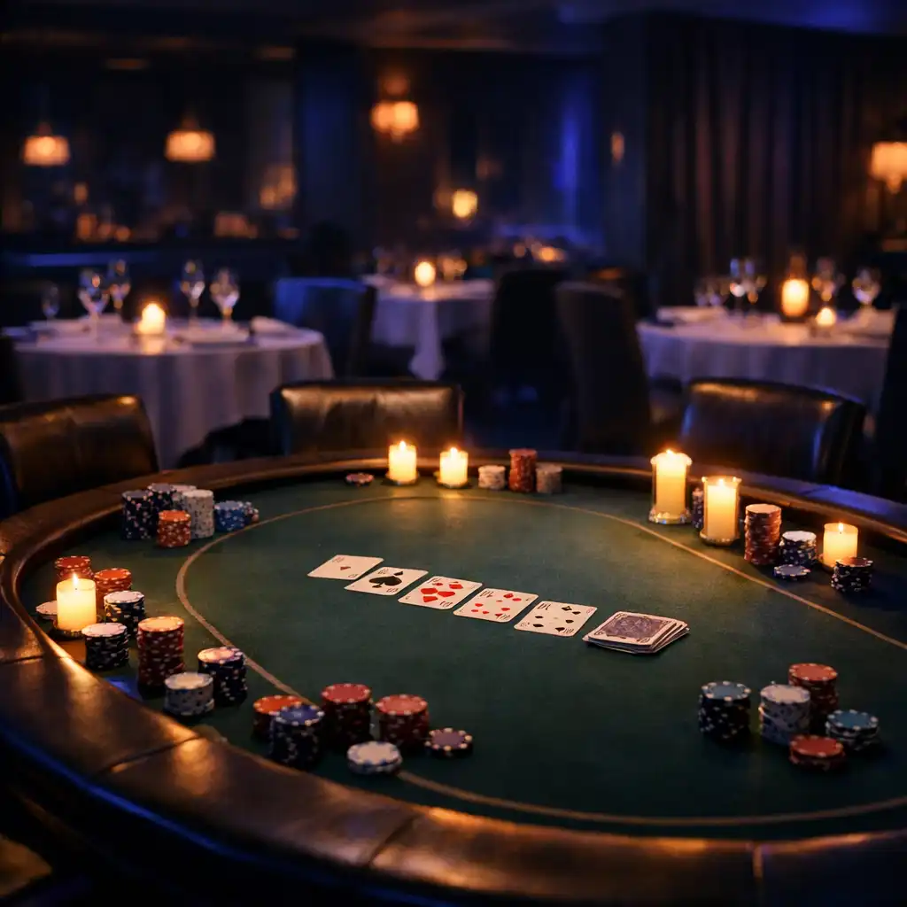 Tmavý elegantní interiér restaurace s pokerovým stolem osvětleným svíčkami